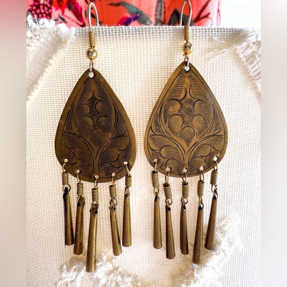 Vintage Brass Teardrop Etched Earrings